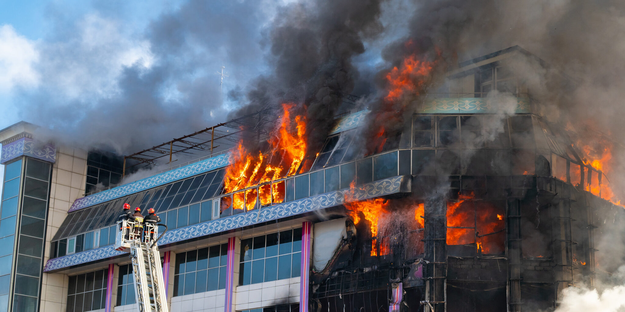 Burning building in thick smoke